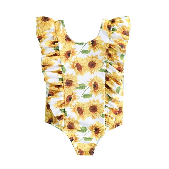 Toimothcn Girl's Swimsuit Ruffled Sleeve Casual Sunflower Printed One Peice Bathing Suit Quickly Dry Cover Up Swimwear 18-24 Months