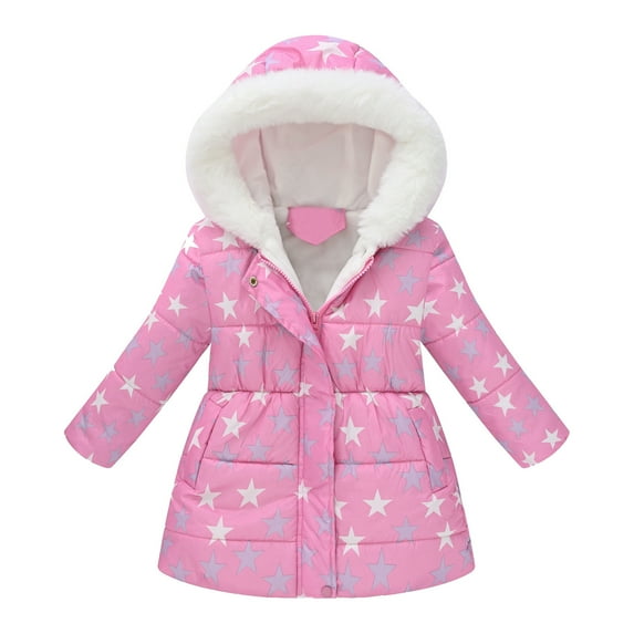 Toimothcn Girls Winter Jacket Fashion Star Printed Long Sleeve Hooded Down Jacket Hooded Thickened Warm Loose Fit Zipper Up Windproof Winter Coat Comfy Girls Clothing