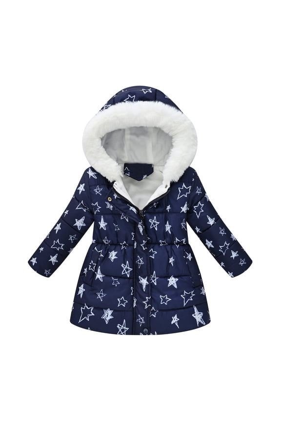 Girls Winter Jacket Fashion Star Printed Long Sleeve Hooded Down Jacket Hooded Thickened Warm Loose Fit Zipper Up Windproof Winter Coat Suitable Winter Dailywear