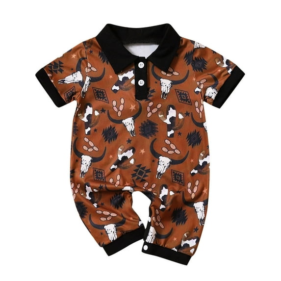 Toimothcn Infants Boys Romper Jumpsuit Short Sleeve Cute Cartoon Cow Printed Lapel Romper Soft Loose Fit Jumpsuit Comfy Newbron Clothing