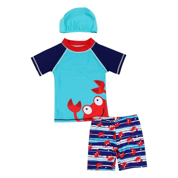 Toimothcn Kids Boys Swimsuit Short Sleeve Cute Cartoon Crab Printed 3 Peice Bathing Suit Quickly Dry Soft Swimwear 5-6 Years