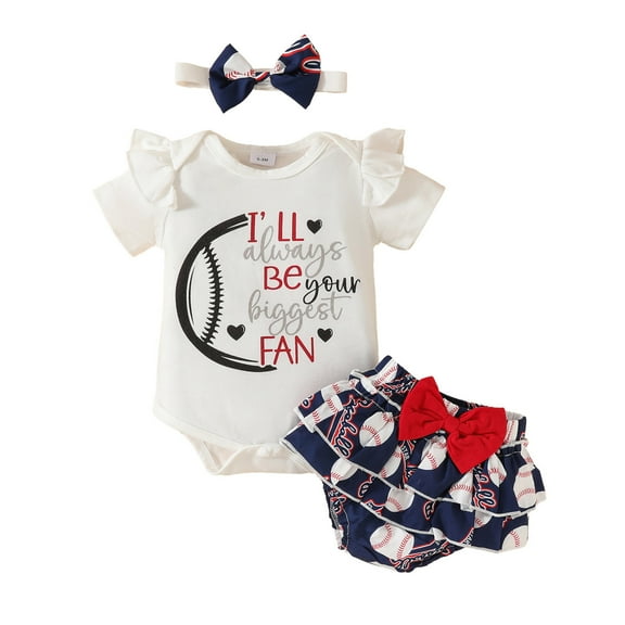 Toimothcn Kids Girls Outfit Set Ruffled Sleeve Casual Baseball Printed Romper Stretchy Shorts With Hairbands 3Pcs Outfit Sets Soft Comfortable Clothes Set Lovely Girls Clothing
