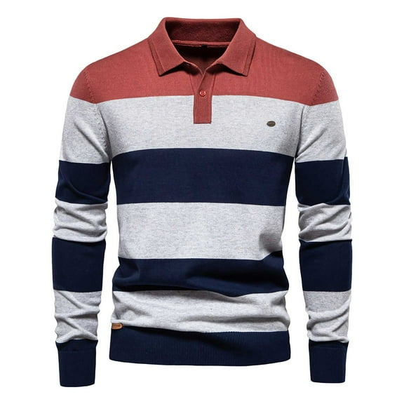 Toimothcn Leisure Sweater For Men Autumn Winter Long Sleeve Lapel Polo Sweaters Thickened Knitwear Warm Loose Fit Patchwork Striped Knitted Sweater Suitable For Dailywear