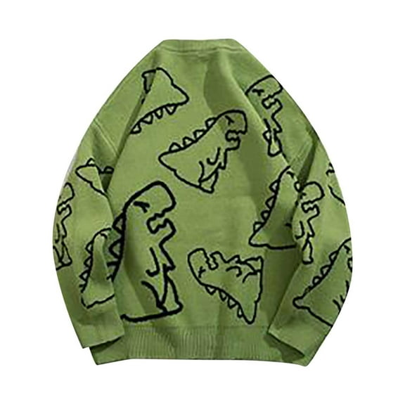 Toimothcn Leisure Sweater For Men Autumn Winter Oversized Cartoon Dinosaur Printed Sweaters Casual Loose Fit Versatile Round Neck Knitwear Comfy Mens Clothing