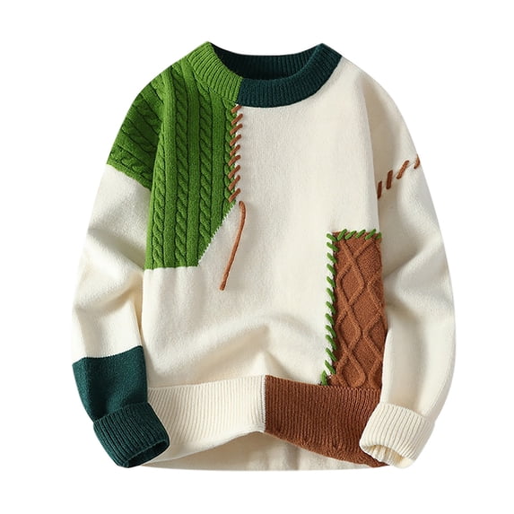 Toimothcn Leisure Sweater For Men Autumn Winter Warm Crewneck Sweater Fashion Patchwork Color Pullover Warm Base Thickened Knitwear Suitable For Dailywear
