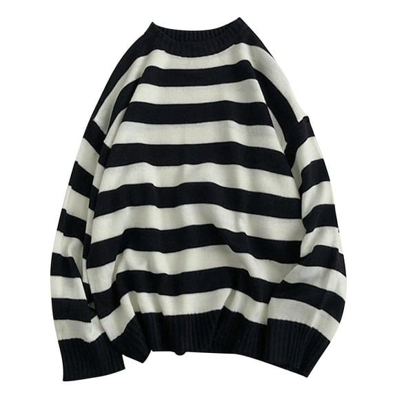 Toimothcn Leisure Sweater For Men Oversized Casual Striped Pullover Knitted Sweaters Loose Fit Warm Thickened Fleeced Lightweight Knitwear Comfy Mens Clothing