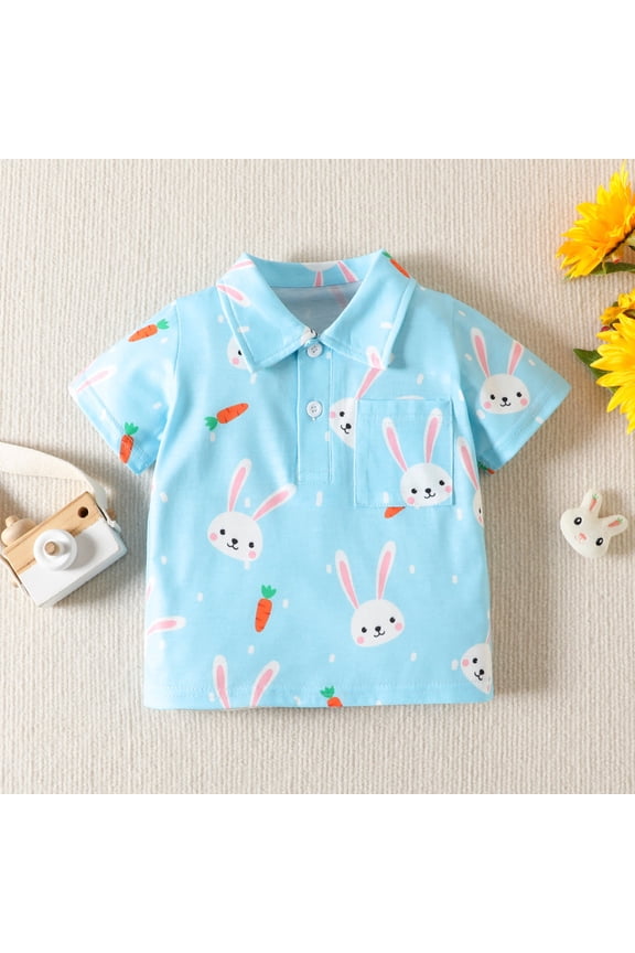 Leisure Tee Shirts For Boy Easter Cartoon Rabbit Printed Fall Long Sleeve Button Up T Shirts Lapel Comfortable Loose Fit Shirt Tops Comfy Toddlers Clothing
