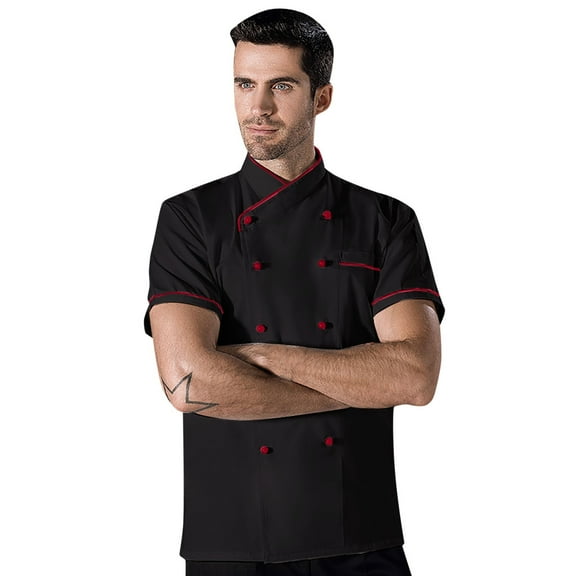 Toimothcn Men's Shirt Chefs Jacket Unisex Short Sleeve Contrasting Red Buttons Braethable Loose Fit Chefs Shirts Comfy Kitchen Clothes