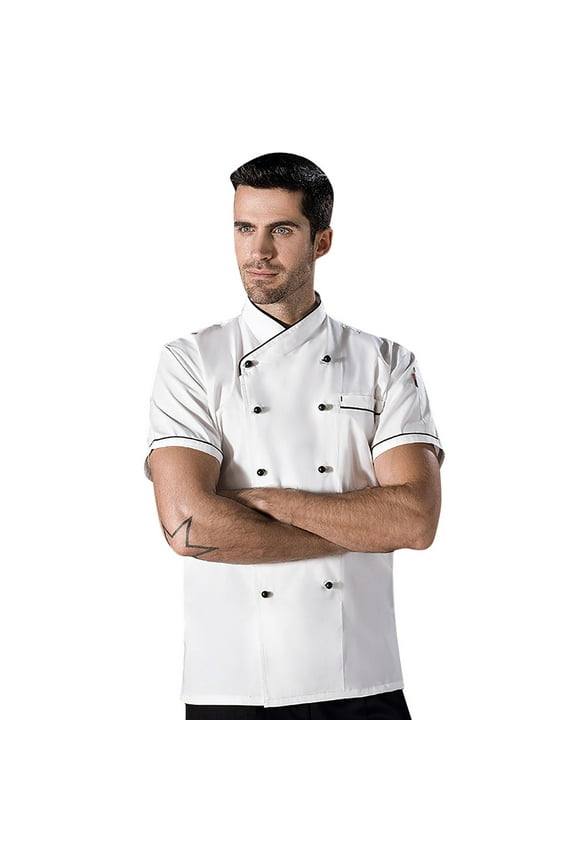 Men's Shirt Chefs Jacket Unisex Short Sleeve Contrasting Red Buttons Braethable Loose Fit Chefs Shirts Suitable For Kitchen