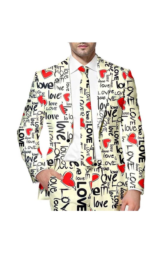Men's Suit Jackets Romantic Valentine Day Love Heart Printed Blazers Oversized Warm Slim Fit One Button Funny Festival Performance Suit Jacket Leisure Mens Clothes