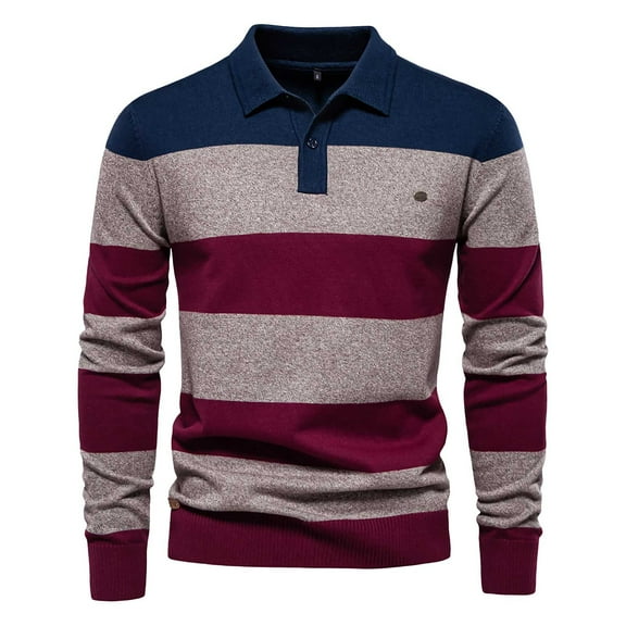 Toimothcn Men's Sweater Autumn Winter Long Sleeve Lapel Polo Sweaters Thickened Knitwear Warm Loose Fit Patchwork Striped Knitted Sweater Comfy Men's Clothes