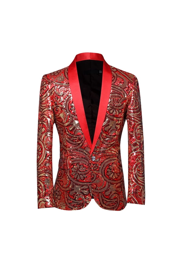 Mens Blazer Jacket Autumn Winter Casual Slim Fit Suit Jacket Gold Floral Embroidery Sequins Business Lapel Two Button Stage Performance Blazer Leisure Mens Clothes