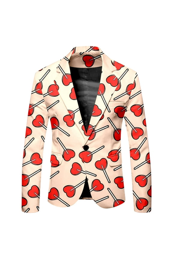 Mens Blazer Jacket Fashion Valentine Day Love Heart Printed Blazers Oversized Warm Slim Fit One Button Funny Festival Performance Suit Jacket Comfy Men's Clothing
