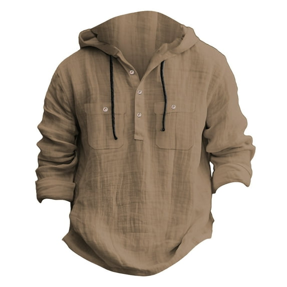 Toimothcn Mens Shirts Casual Solid Color Cotton Linen Hoodies Long Sleeve Buttons Shirts Lightweight Soft Tee Tops Suitable For Dailywear