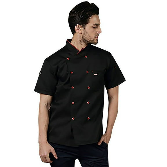 Toimothcn Mens Shirts Chefs Jacket Unisex Short Sleeve Contrasting Red Buttons Braethable Loose Fit Chefs Shirts Comfy Kitchen Clothes