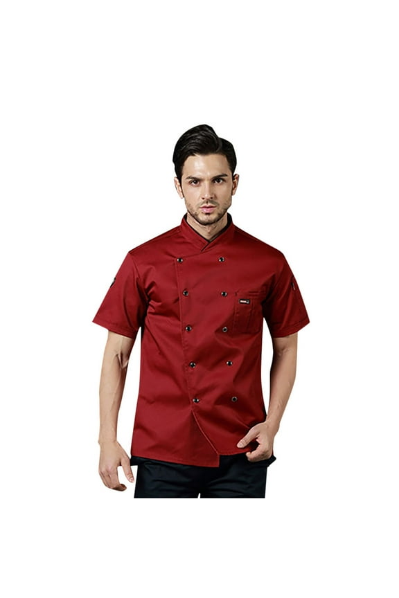 Mens Shirts Chefs Jacket Unisex Short Sleeve Contrasting Red Buttons Braethable Loose Fit Chefs Shirts Suitable For Kitchen