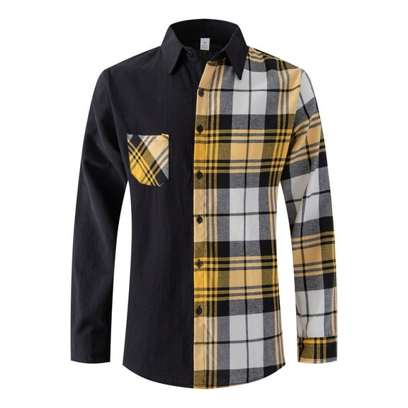Toimothcn Mens Shirts Long Sleeve Lapel Shirt Casual Patchwork Plaid Holiday Cardigan Shirt Tops Lightweight Soft Tee Tops Suitable For Dailywear