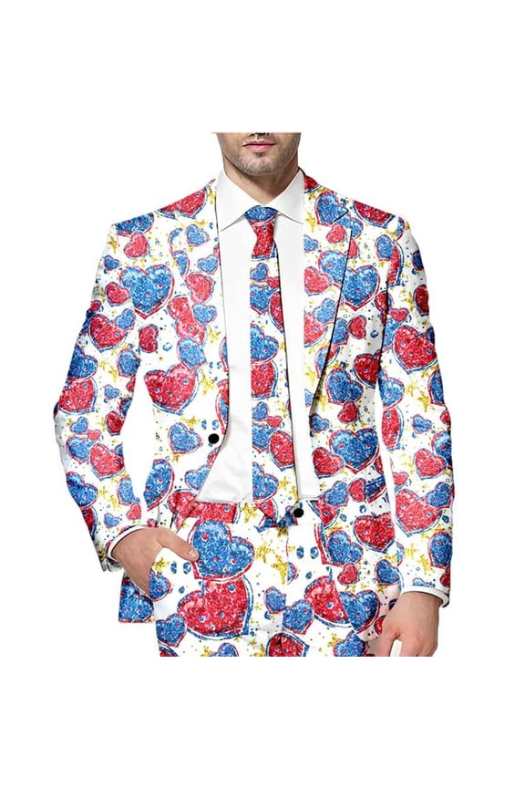 Mens Suit Jacket Romantic Valentine Day Love Heart Printed Blazers Oversized Warm Slim Fit One Button Funny Festival Performance Suit Jacket Leisure Mens Clothes