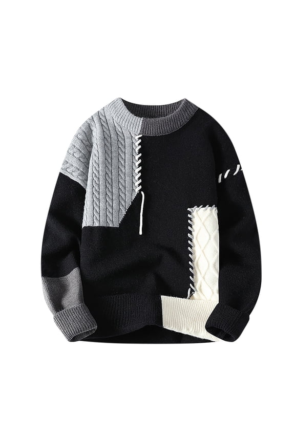 Mens Sweater Autumn Winter Warm Crewneck Sweater Fashion Patchwork Color Pullover Warm Base Thickened Knitwear Comfy Mens Clothing