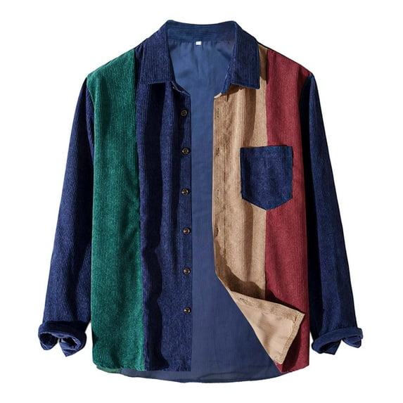 Toimothcn Polo Shirts For Men Casual Patchwork Color Corduroy Shirts Long Sleeve Lapel Buttons Shirt Lightweight Soft Shirt Tops Comfy Mens Dailywear
