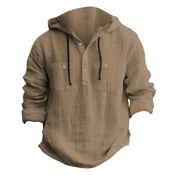 Toimothcn Polo Shirts For Men Casual Solid Color Cotton Linen Hoodies Long Sleeve Buttons Shirts Lightweight Soft Shirt Tops Comfy Mens Dailywear