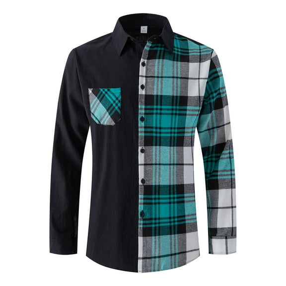 Toimothcn Shirt For Men Long Sleeve Lapel Shirt Casual Patchwork Plaid Holiday Cardigan Shirt Tops Comfortable Loose Shirt Tops Comfy Mens Dailywear
