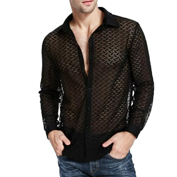Toimothcn Shirt For Men Sexy Hollow Out Mesh Long Sleeve Casual Shirt Comfortable Loose Tee Shirts Comfy Mens Summer Clothes