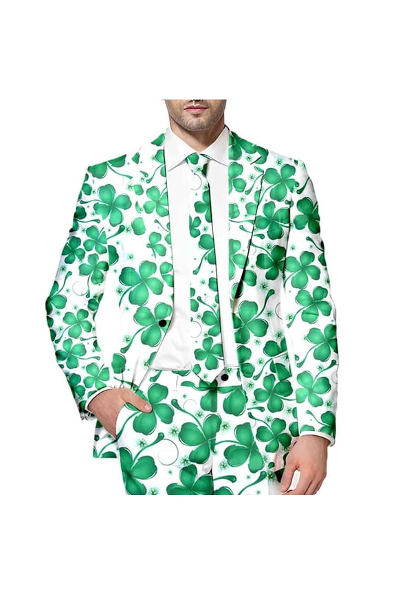 Suit Jacket For Men Fashion Green Four-Leaf Clover Printed Blazers Oversized Warm Slim Fit One Button Lapel Funny Festival Performance Suit Jacket Comfy Mens Dailywear