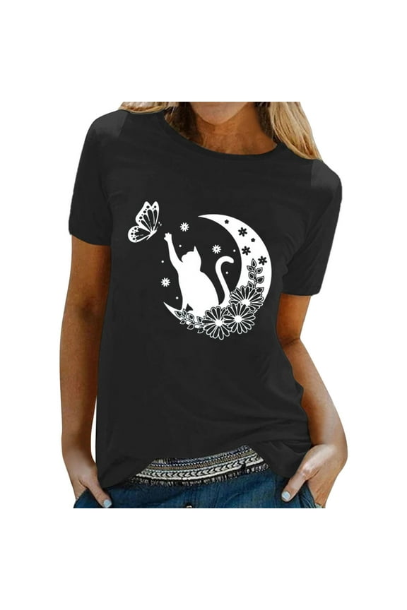 T Shirts For Women Cute Cartoon Cat Printed T-Shirts For Women Crew Neck Short Sleeve Breathable Loose Fit Tee Shirt Tops Comfy Womens Clothes
