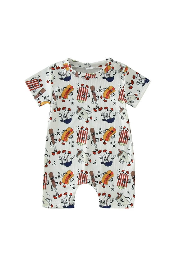 Toddler Baby Boys Romper Jumpsuit Short Sleeve Cute Cartoon Baseball Printed Ribbed Romper Soft Loose Fit Jumpsuit Leisure Kids Clothes