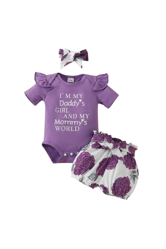 Toddler Baby Girls Clothes Set Ruffled Sleeve Daddy Mama Say Love Me Letter Printed Bodysuit Stretchy Bowknot Shorts With Hairbands 3Pcs Clothes Set Soft Breathable Outfit Sets