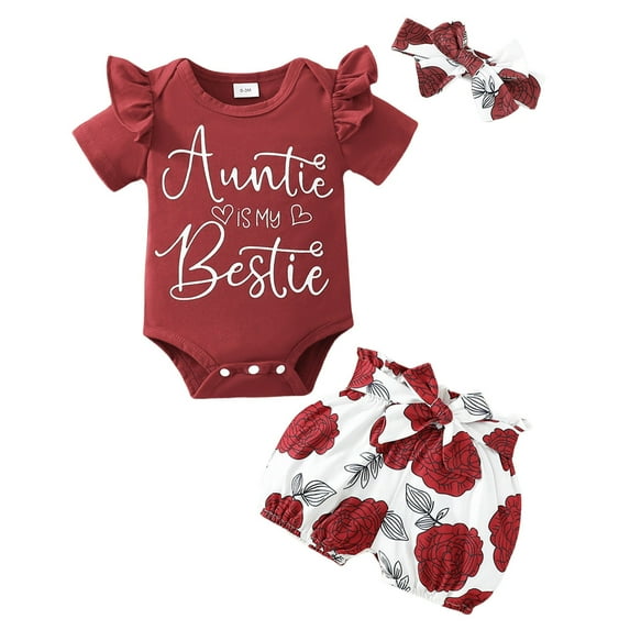 Toimothcn Toddler Baby Girls Clothes Set Ruffled Sleeve Daddy Mama Say Love Me Letter Printed Bodysuit Stretchy Bowknot Shorts With Hairbands 3Pcs Clothes Set Soft Breathable Outfit Sets