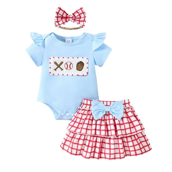 Toimothcn Toddler Baby Girls Outfit Sets Short Sleeve Casual Baseball Printed Romper Plaid Skirts With Hairbands 3Pcs Outfit Sets Breathable Loose Fit Clothes Sets Summer Girl'S Clothing
