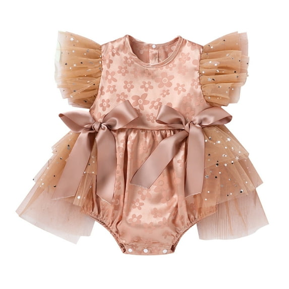 Toimothcn Toddler Baby Girls Romper Jumpsuit Ruffled Sleeve Casual Floral Jacquard Mesh Tulle Romper Soft Loose Breathable Jumpsuits 6-9 Months