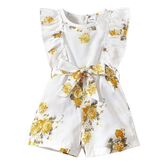 Toimothcn Toddler Baby Girls Romper Jumpsuit Ruffled Sleeve Casual Floral Printed Romper Breathable Loose Fit Jumpsuits 12-18 Months