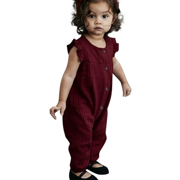 Toimothcn Toddler Baby Girls Romper Jumpsuit Ruffled Sleeve Casual Solid Color Cotton Linen Romper Soft Loose Breathable Jumpsuits Suitable For Dailywear
