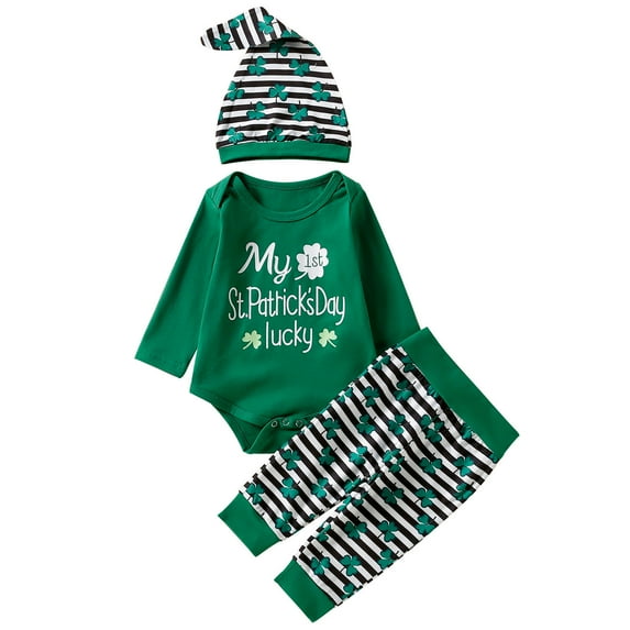 Toimothcn Toddler Boys Clothes Sets Long Sleeve Casual St. Patric.K'S Day Four-Leaf Clover Printed Romper Jumpsuit Stretchy Pants With Hat 3Pcs Outfit Sets Soft Loose Fit Clothes Set