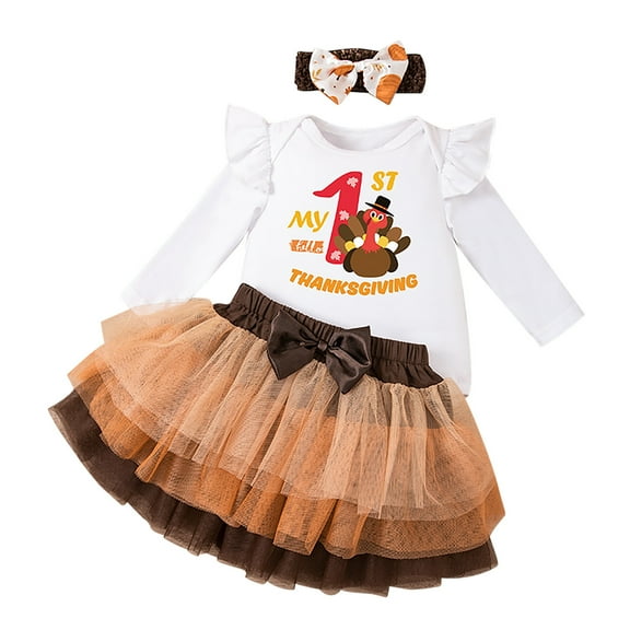 FUNDUFI Toddler Infants Girls Clothes Sets Long Sleeve My 1St Thanksgiving Day Letter Printed Romper Bowknot Skirts With Hairbands 3Pcs Outfit Sets Soft Comfortable Clothes Set Comfy Child'S Clothing