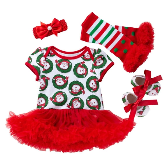 Toimothcn Toddler Girls Clothes Sets Long Sleeve Crew Neck Christmas Cartoon Santa Tree Printed Dress With Hairband Shoes Leg Sleeves 4Pcs Outfits Set Casual Loose Fit Sets