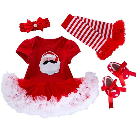 Toimothcn Toddler Girls Clothes Sets Long Sleeve Crew Neck Christmas Cartoon Santa Tree Printed Dress With Hairband Shoes Leg Sleeves 4Pcs Outfits Set Casual Loose Fit Sets