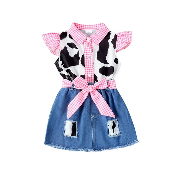Toimothcn Toddler Girls Clothes Sets Short Sleeve Cartoon Cow Printed T Shirts Floral Denim Skirts 2Pcs Outfit Sets Soft Comfortable Clothes Set Leisure Girls Clothing