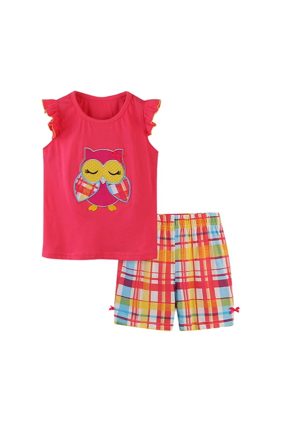 Toddler Girls Clothes Sets Sleeveless Cartoon Owl Printed T Shirts Stretchy Shorts 2Pcs Outfit Sets Soft Comfortable Summer Clothes Set Suitbale For Dailywear
