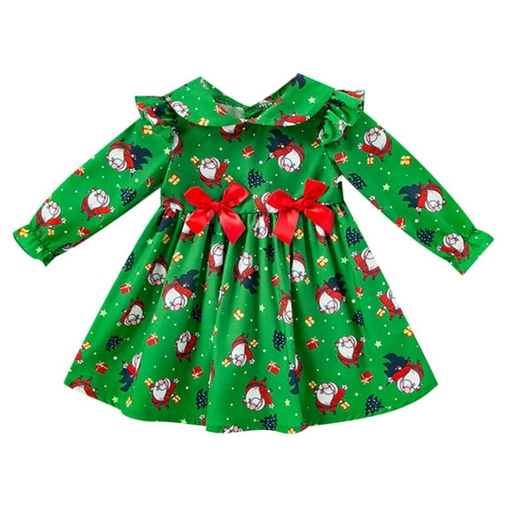 Toimothcn Toddler Girls Dress Long Sleeve Lapel Christmas Santa Printed Dress Ruffled Warm Loose Fit Sundress Sweet Girls Clothes