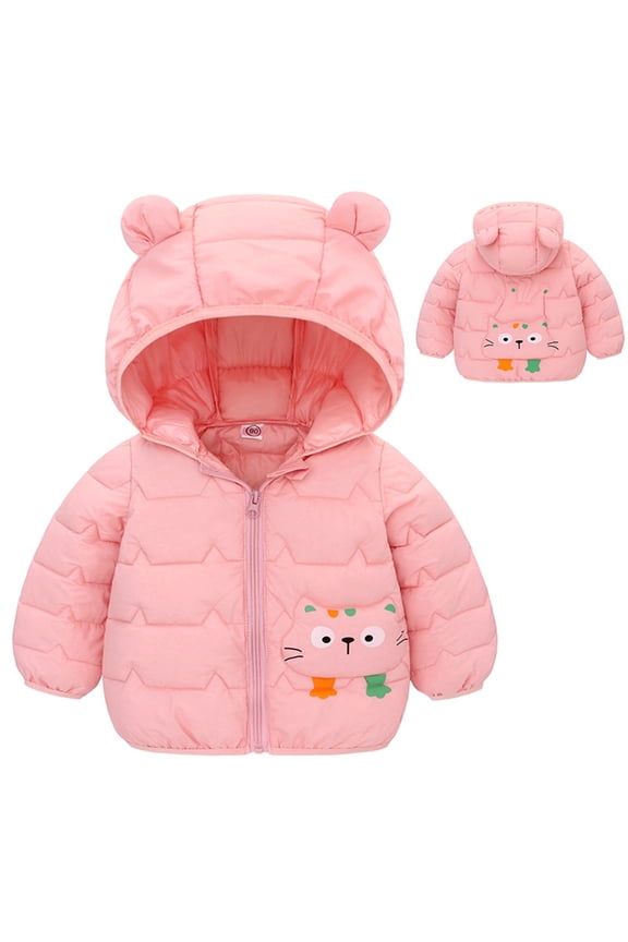 Toddler Girls Puffer Jacket Cute Cartoon Animal Printed Long Sleeve Hooded Down Jacket Hooded Thickened Warm Loose Fit Zipper Up Winter Coat Suitable Winter Dailywear