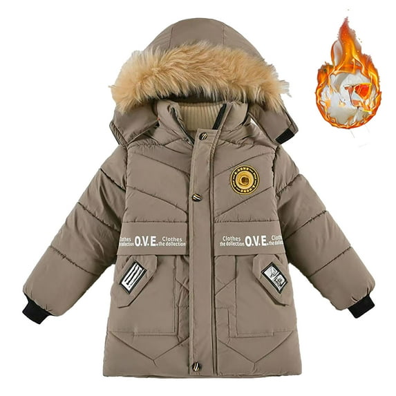 Toimothcn Toddler Girls Puffer Jacket Fashion Letter Printed Long Sleeve Hooded Down Jacket Hooded Thickened Warm Loose Fit Zipper Up Winter Coat Comfy Girls Clothing