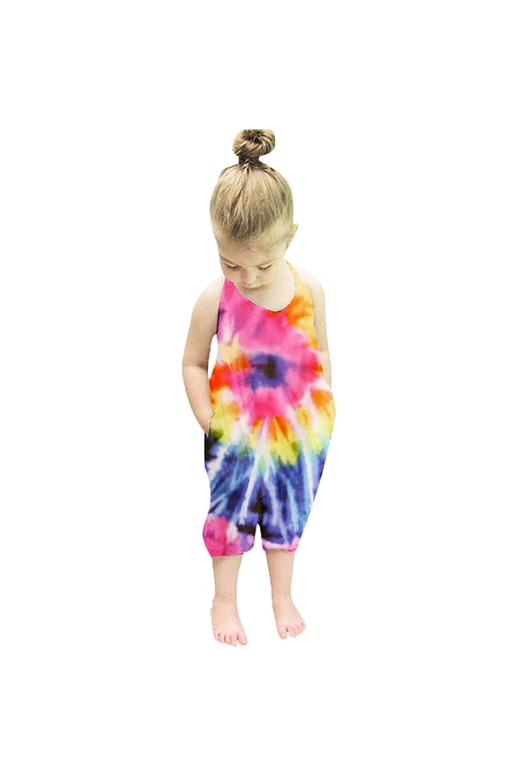 Toddler Girls Romper Jumpsuit Sleeveless Casual Rainbow Tie Dye Printed Romper Soft Loose Breathable Jumpsuits 4-5 Years