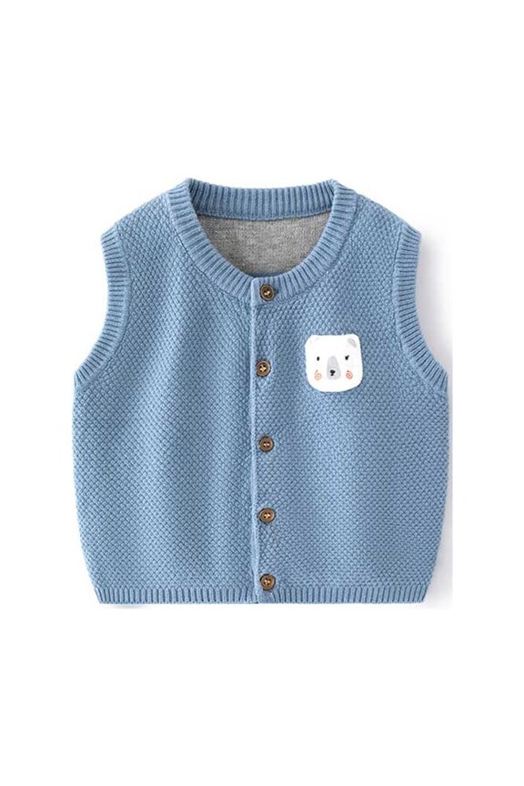 Toddler Girls Sweater Sleeveless Crew Neck Cute Sweet Cartoon Bear Printed Knit Vest Button Up Warm Soft Loose Fit Pullover Knitted Sweater Lovely Knitted Clothing