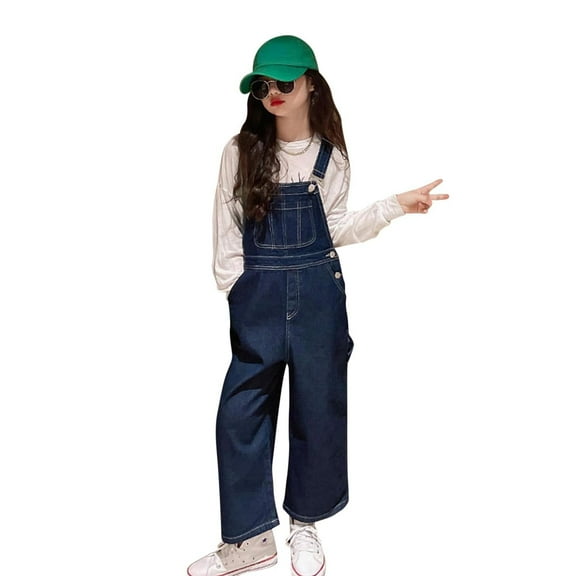 Toimothcn Toddler Girls Trousers Casual Solid Color Denim Overalls Wide Leg Soft Fashion Denim Jumpsuit 6-7 Years