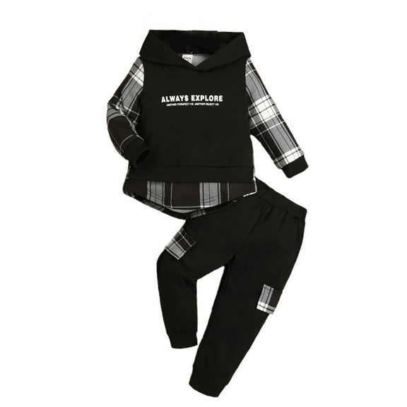 Toimothcn Toddler Boys Fall Outfits Long Sleeve Casual Letter Printed Hoodie Pants Warm Loose Fit 2Pcs Outfits Set Leisure Childrens Clothes