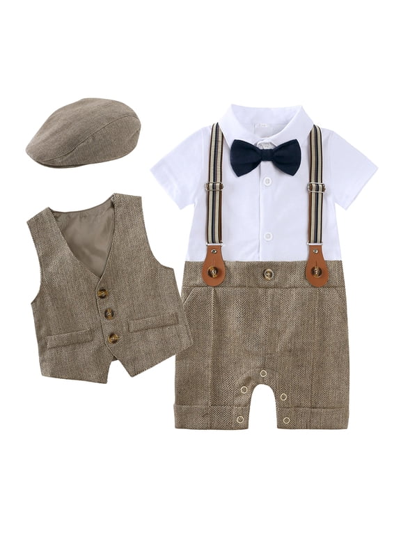 Toddler Infant Boys Fall Outfits Long Sleeve Simple Solid Color Jumpsuit Vest Coats With Gentleman Hat Warm Loose Fit 4Pcs Outfits Set Comfy Kids Clothing